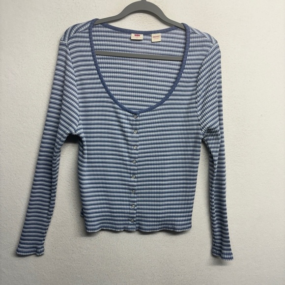 Levi's Stripe Snap Front Long Sleeve Shirt Blue 2x Scoop Neck - Picture 1 of 9